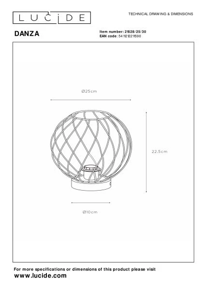 Lucide DANZA - Lampe de table - Ø 25 cm - 1xE27 - Noir - TECHNISCH